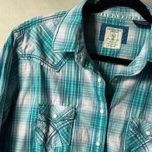 Panhandle Turquoise and White pearl button Plaid Kids western Shirt